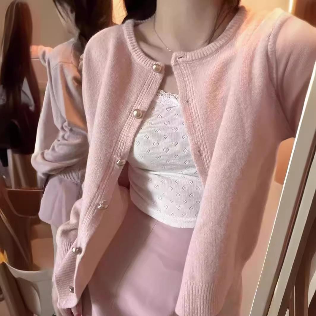 

Розовый вышитый узор вязаный кардиган для женщин в весенне-осеннем стиле повседневный и мягкий нежный и свободный топ с длинными рукавами S розовый