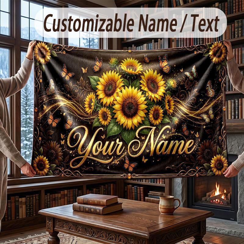 Floral Garden Theme Throw Blanket Custom Name Text Personalized Blanket Soft Cozy Blanket for Home Sofa Bed