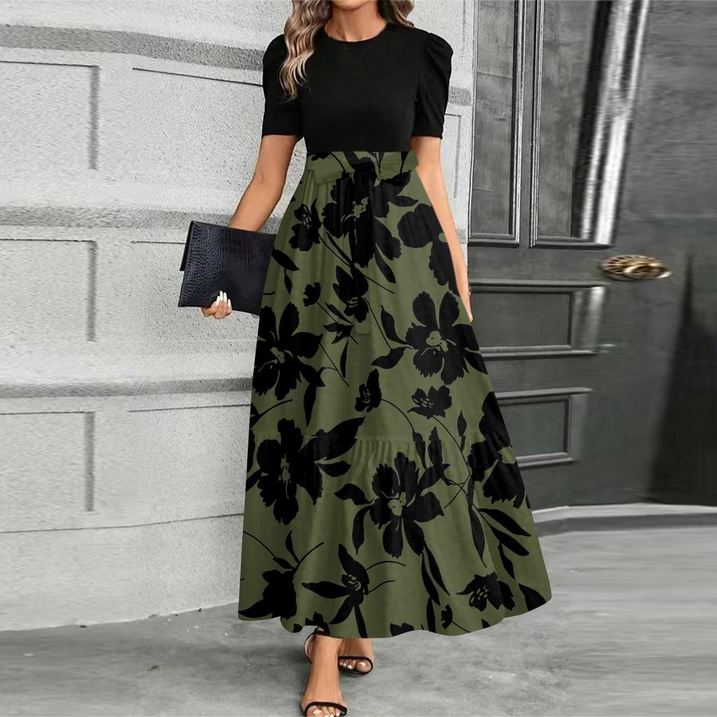 Women's Fashionable Casual Belt Short Sleeved Round Neck Print Elegant Temperament Dress