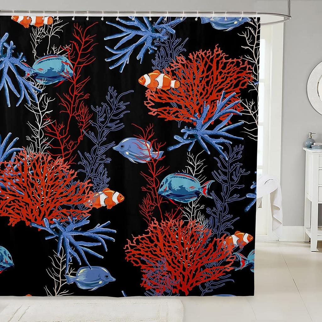 Nautical Coastal Shower Curtain,Beach Ocean Theme Shower Curtain for Bathroom Decor,Summer Tropical Coral Bath Curtain with Hook