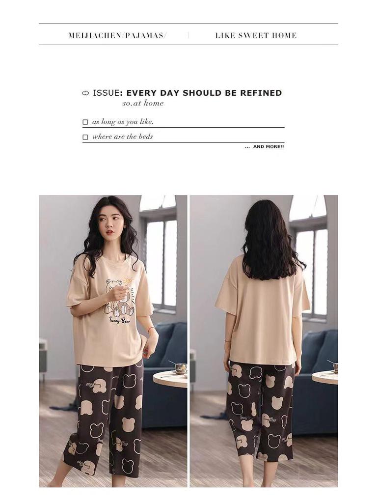 Women's Summer Korean Cartoon Pajama Set - Short-Sleeved Top with Seven-Point Pants