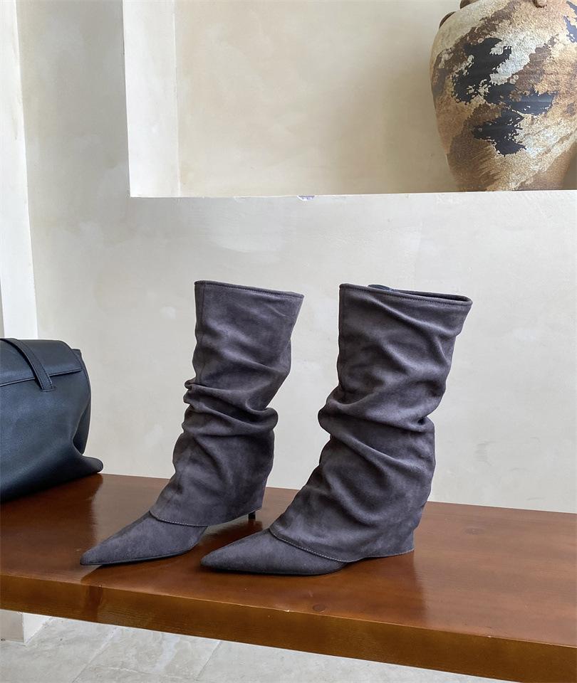 

2025 fashion autumn and winter new pointed toe heel pleated knee piled boots sexy women s boots 39 серый