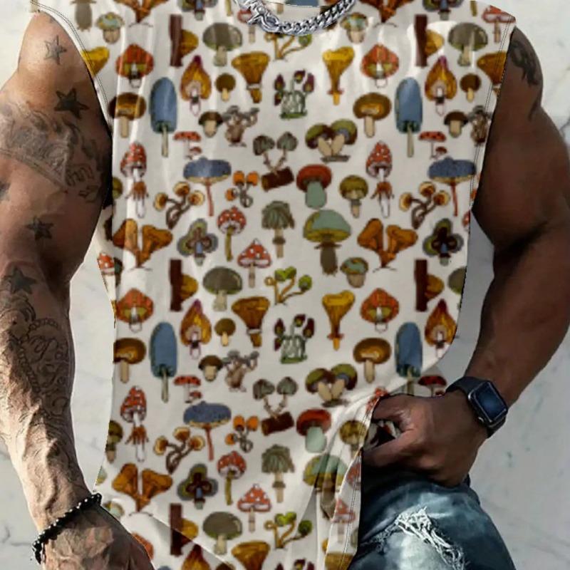 Men's sleeveless T-shirt featuring a neon glowing mushroom leaf design