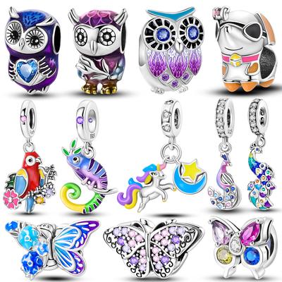 Kolorowe Zawieszki Sowy Koraliki Miedziany Motyl Pawie Papuga Wisiorki Pasują do Oryginalnej Bransoletki Bangles Biżuteria DIY Prezent