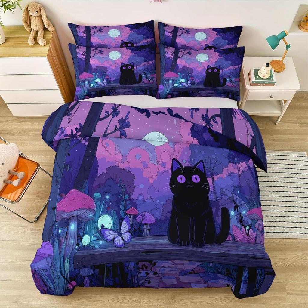 Bedding Sets 2Pcs,Watercolour Bedding Set, Black Cat Quilt Cover and Pillow Cases Soft Microfiber Duvet Cover for Boys and Girls
