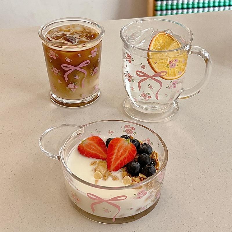 Kawaii Bowknot Glass Cups Bow Knot Rose Glass Milk Cup Fragmented Flowers Cold Extract Cup for Drinkware Coffee Breakfast Cup