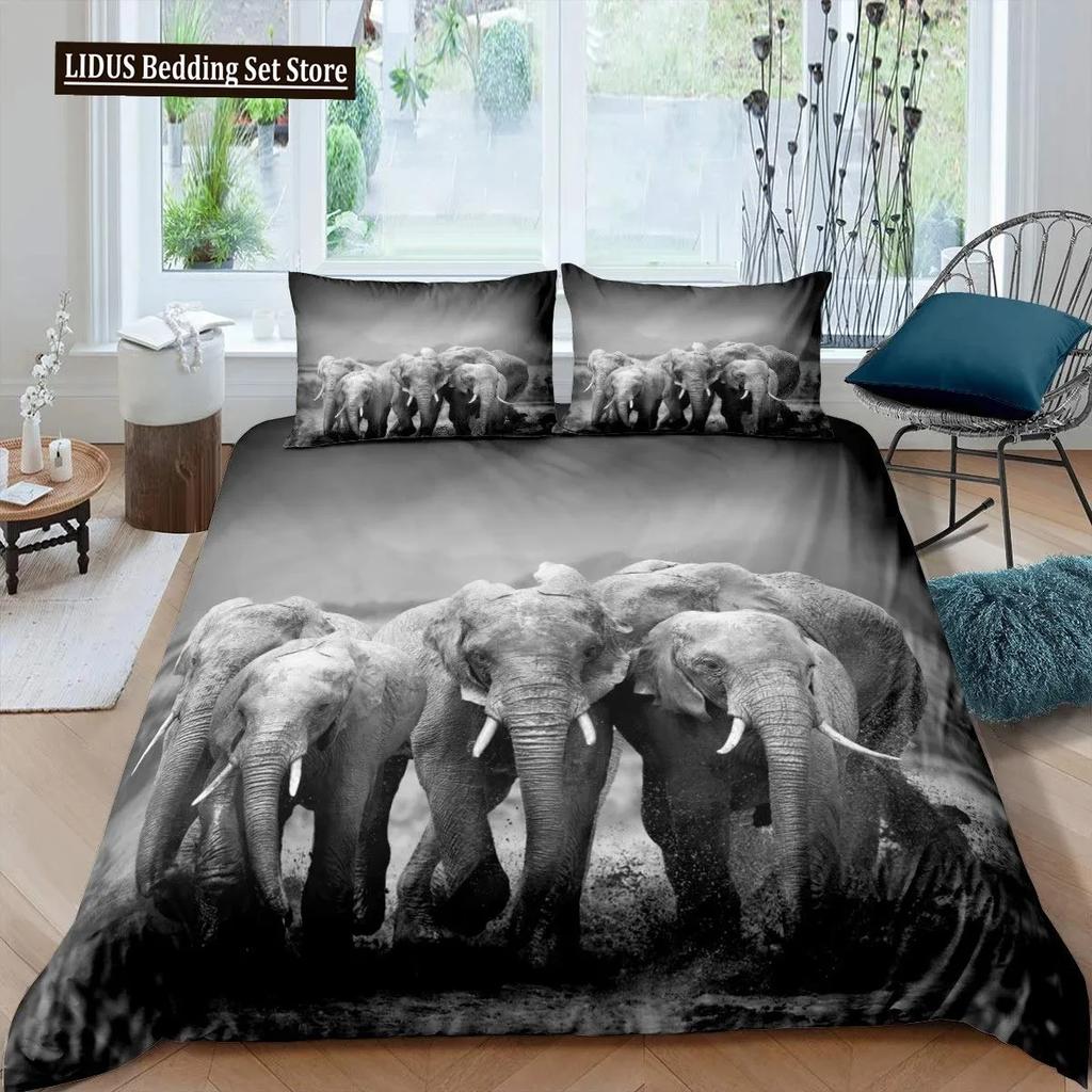 3D Elephant Duvet Cover Set Queen Size African Safari Animal Comforter Set Wildlife Bedding Set Retro Wall Decor Bedspread Cover