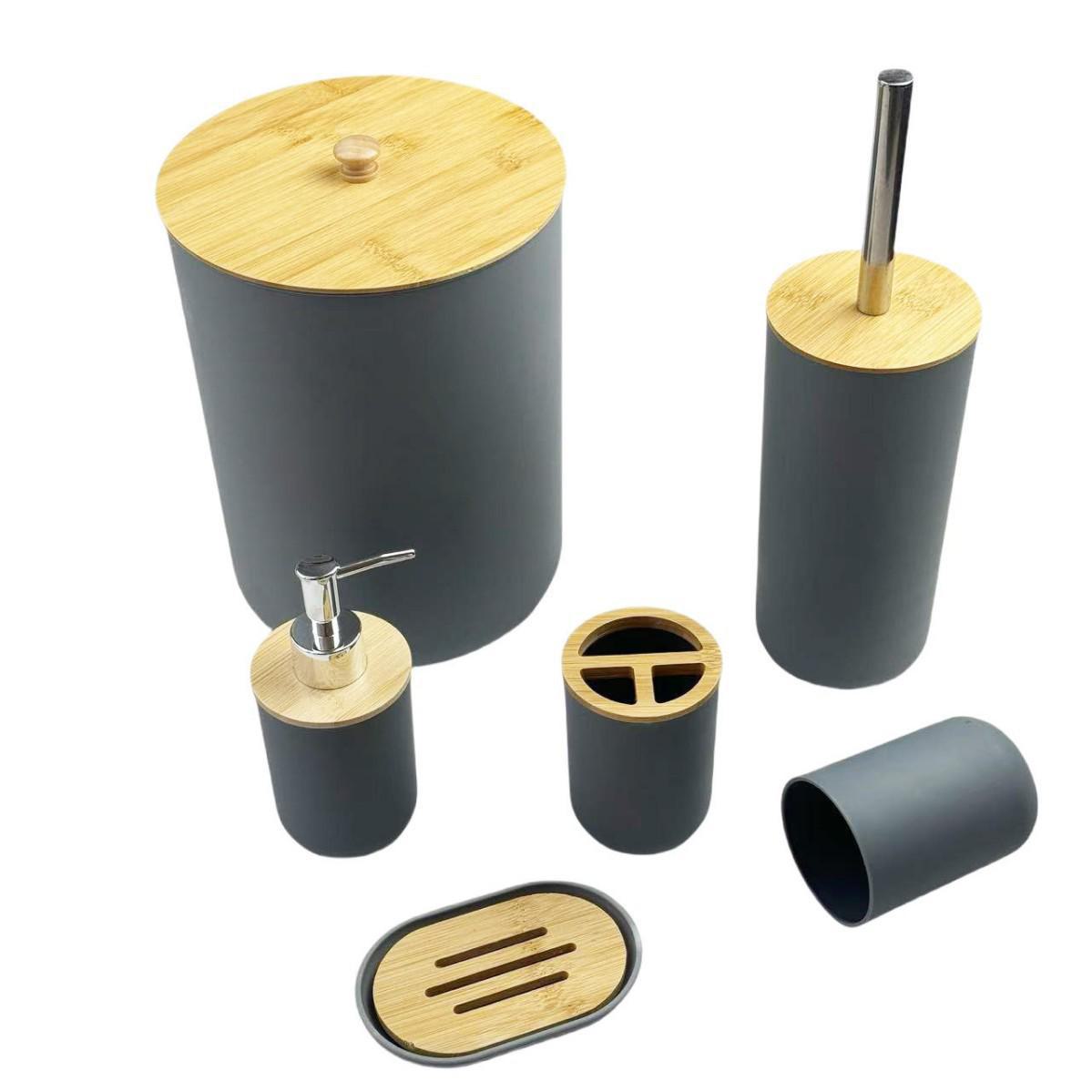 

Роскошный бамбуковый набор для ванной комнаты: Дозатор для лосьона, держатель зубной щетки, мыльница, мусорное ведро - 6 предметов six-piece set full cover серый