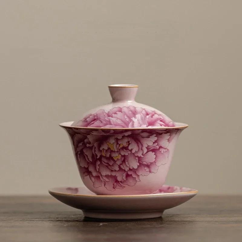Peony Ru Yao Porcelain Gaiwan Set For Tea Tureen Teaware Cup Chinese Pink Ceramic Opening Tea Bowls Chawan Tea Ceramony