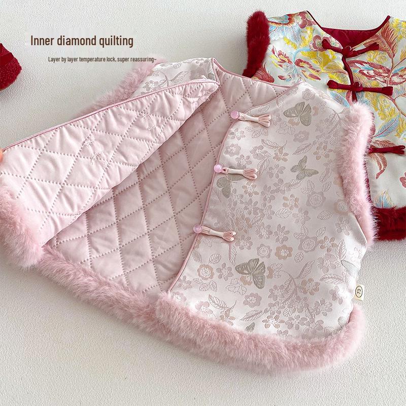 2025 Children's Chinese New Year Retro Jacquard Padded Vest – Winter Outfit for Girls