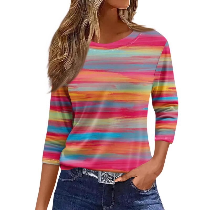 Women's Fashion Casual Round Neck 3/4 Sleeve Loose  Printed T-Shirt Ladies Top Dressy Tops for Women Trendy Womens Summer Tops