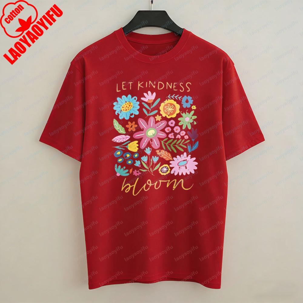 Let Kindness Bloom Art Aesthetic TShirt Colorful Wildflower Graphic Tops Fun Trendy Harajuku Casual Style Cotton Tee for Women
