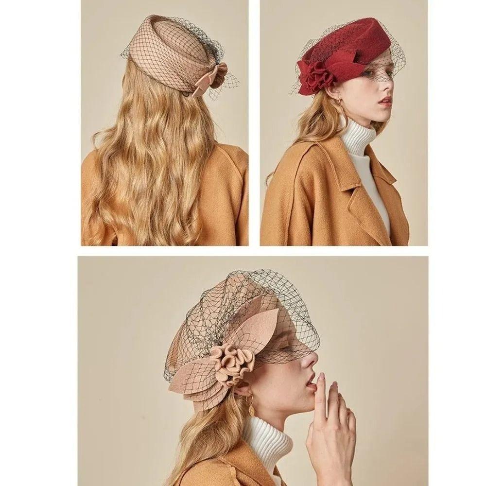 Vintage Mesh Topper Hat Solid Color Woolen Beret Uniform Stewardess Hat Pillbox Hat  Performances