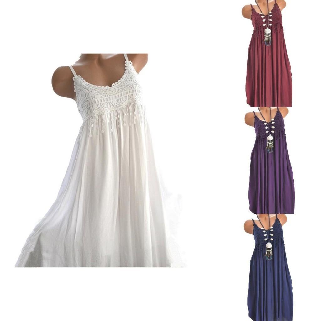 Elegante Vestido Maxi de Verano para Mujer con Cuello Redondo, Sin Mangas, Tipo Camiseta, con Detalle de Encaje