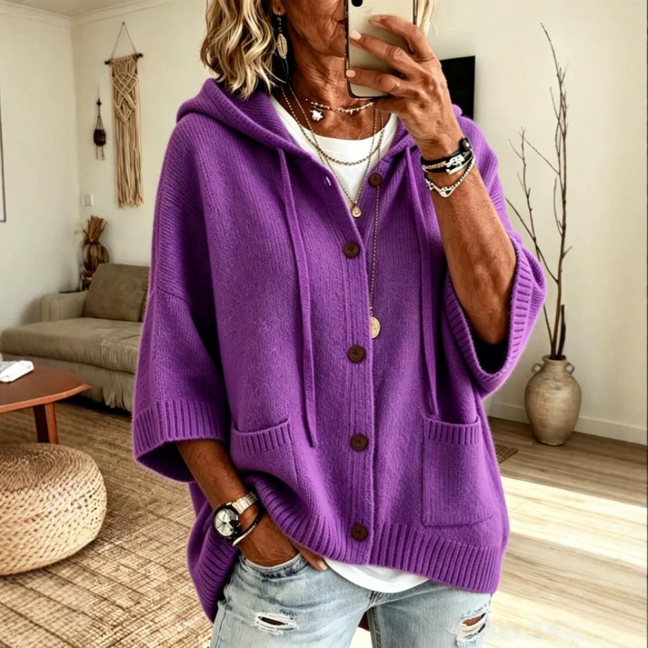 2026 European and American button-knitted hooded sweater cardigan jacket autumn and winter new solid color casual fashion women's clothing