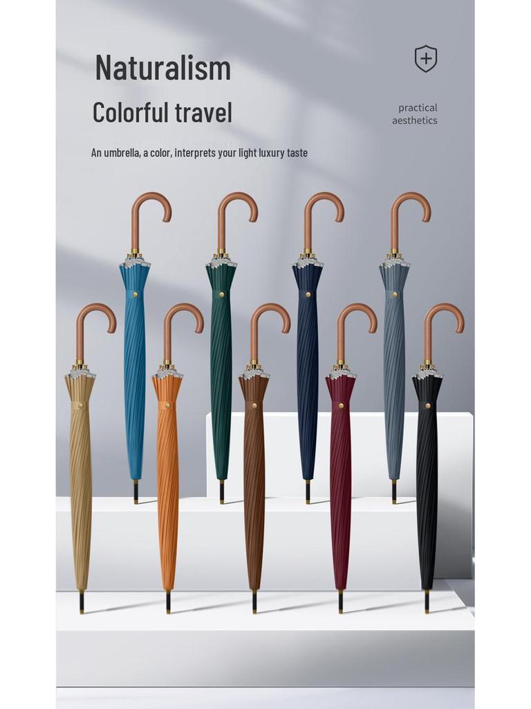 Men's Extra Large 24-Rib Solid Color Business Umbrella with Wooden Handle and Logo Print