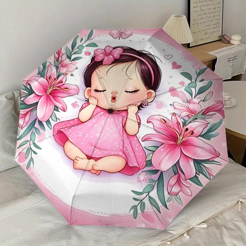 Pink Lily Flower Girl Automatic Opening/Closing Umbrella - Portable 3-Fold Design with Iron Frame - Gift for Fans, Travelers, Daily Use11210