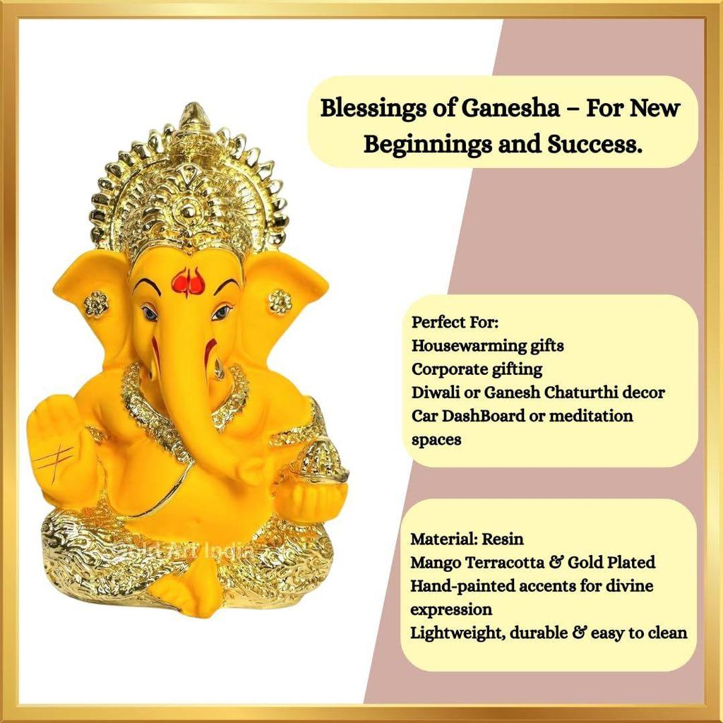 Gold Plated Ganesha with Mango Terracotta Work - 3.5 Inch Height for Home Decor/Office Desk/Car Dashboard