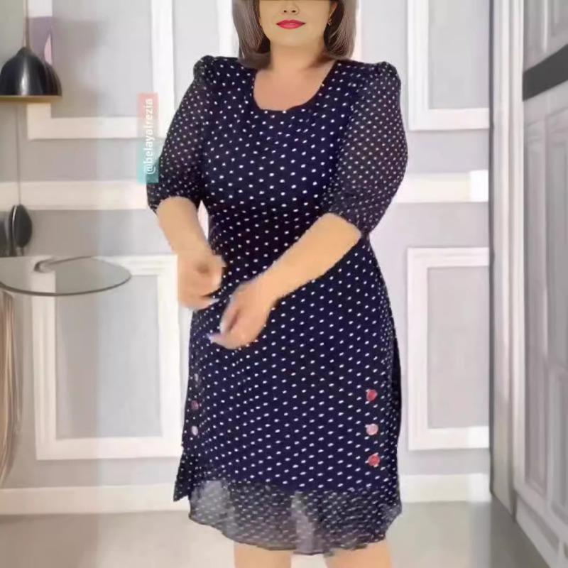 Women's Summer Polka Dot Dress Crew-neck Short-sleeved Mid-length Polka Dot Short Dress