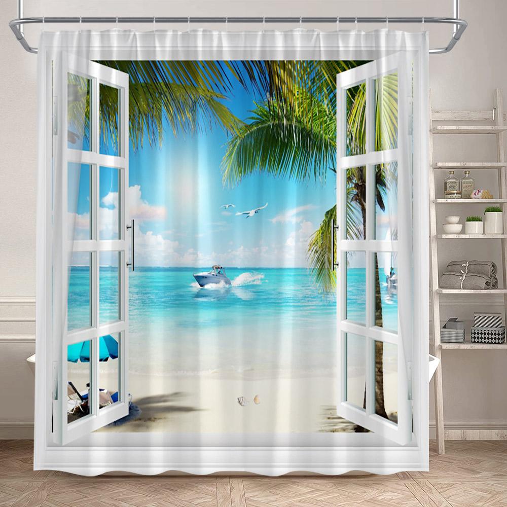 Tende da Doccia con Vista sull'Oceano Spiaggia dell'Isola Alberi di Cocco Hawaii Paesaggio Naturale Tessuto da Appendere alla Parete di Casa Decorazione per Tende da Bagno