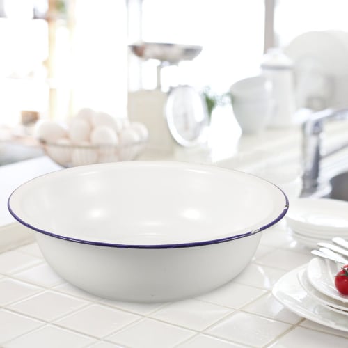 Healeved Vintage Enamel Wash Basin, Footbath, Multi-Purpose Enamel Wash Basin for Washing Face, Foot Bath, and Laundry, Blue Rim, White, 30 X 9 Cm