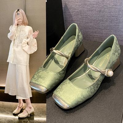 High Heels New Chinese Style with Skirt Medium Thick Heel Shoes Women's 5 Chinese New Year Summer French Mary Jane Evening Shoes
