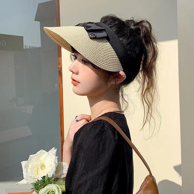 New Summer Empty Top Raffia Straw Hat Women Outdoor Travel Beach Sunscreen Anti Uv Riding Sun Hat Girl Big Brim Bow Visor Cap