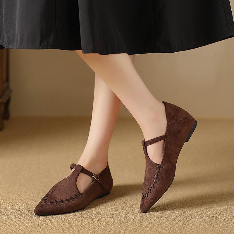 Retro suede light mouth Mary Jane shoes one-word buckle single shoes lazy shoes soft sole pointed