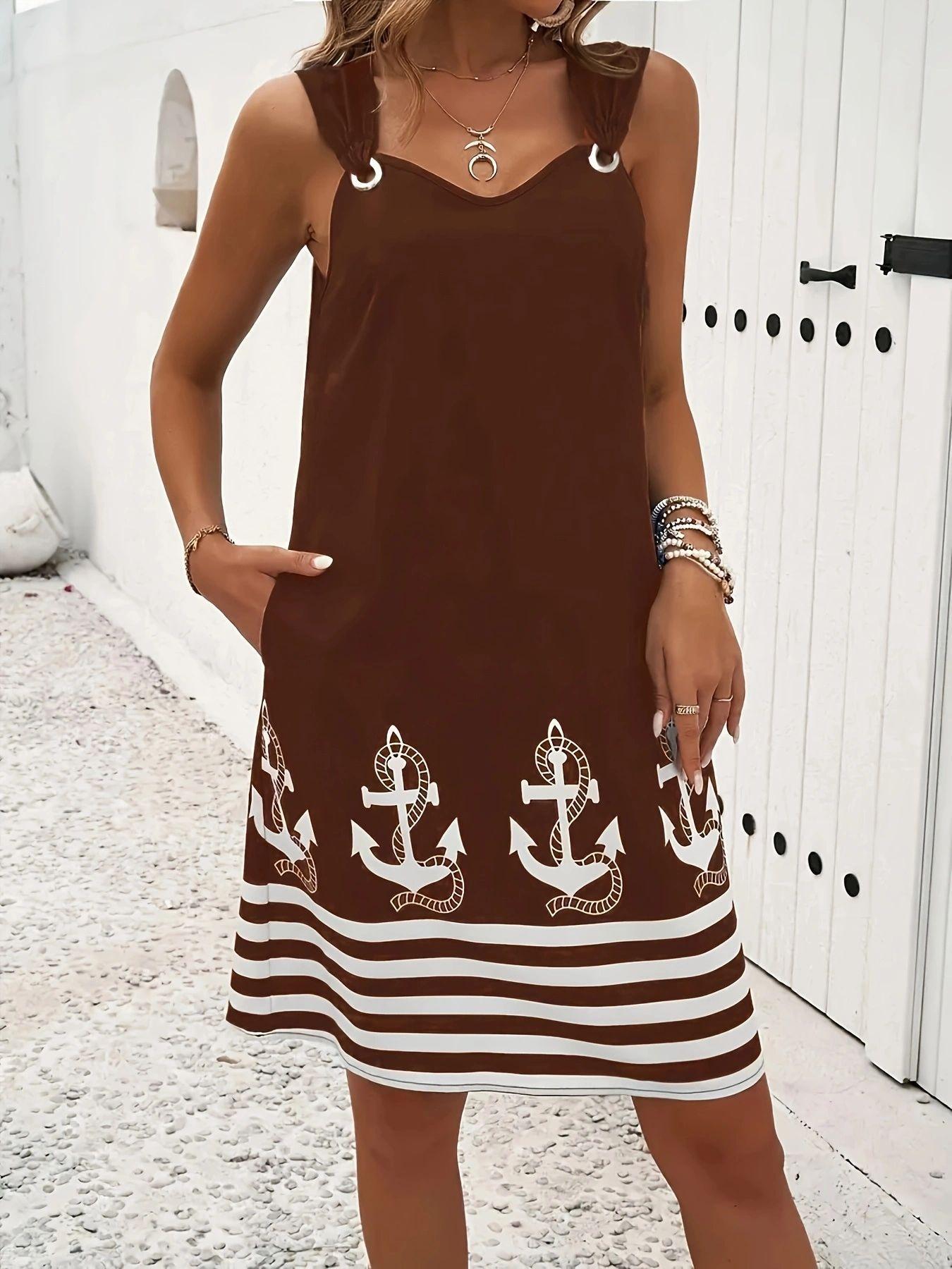 

Women Sleeveless Anchor Print Shift Dress Nautical Stripe Casual Summer Beach Dress XXL темно-коричневого кольору
