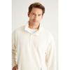 Men's Ecru Loose Fit Stand-up Collar Jacquard Soft Touch Fleece Sweatshirt
