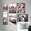 Rose Flower Pink Car Street Girl Building Wall Art Canvas Painting Nordic Posters And Prints Wall Pictures For Living Room Decor