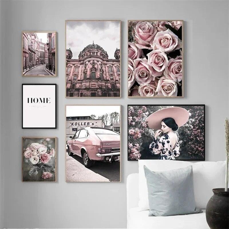 Rose Flower Pink Car Street Girl Building Wall Art Canvas Painting Nordic Posters And Prints Wall Pictures For Living Room Decor