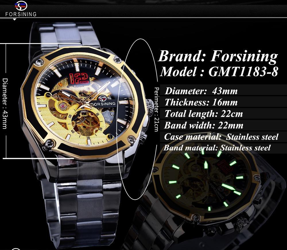 Luxuriöse mechanische Armbanduhren, goldenes Skelett-Zifferblatt, Edelstahlstreifen, automatische Uhren für Männer, transparente Uhr