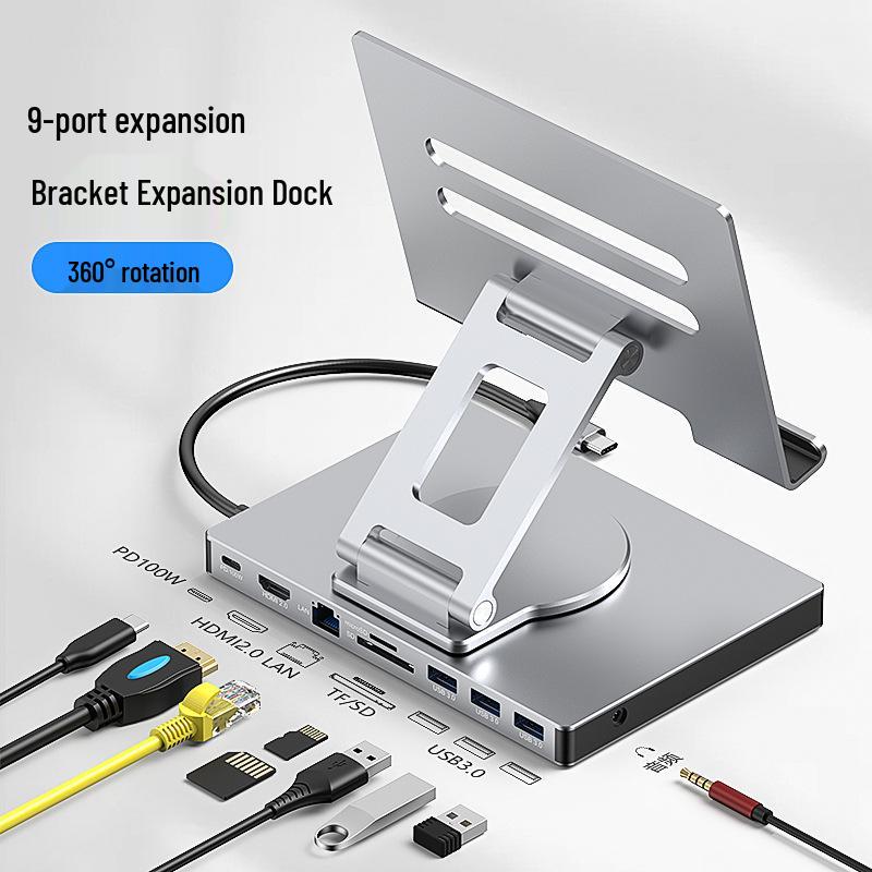 4K60Hz USB-C Docking Station with Gigabit Ethernet, USB 3.2 Splitter, Rotating Mobile/Tablet Bracket Expansion Dock