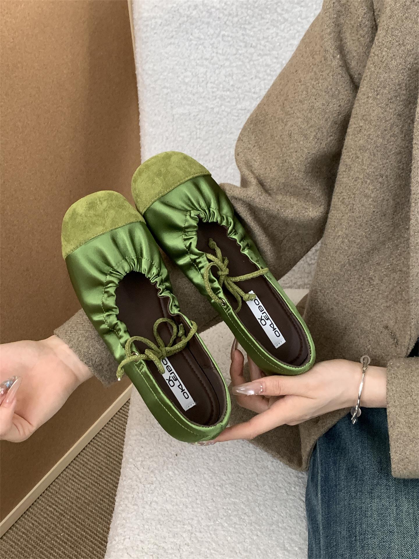 

French retro pleated lace-up flat Mary Jane shoes shallow mouth single shoes women s evening wind round head one pedal ballet shoes 39