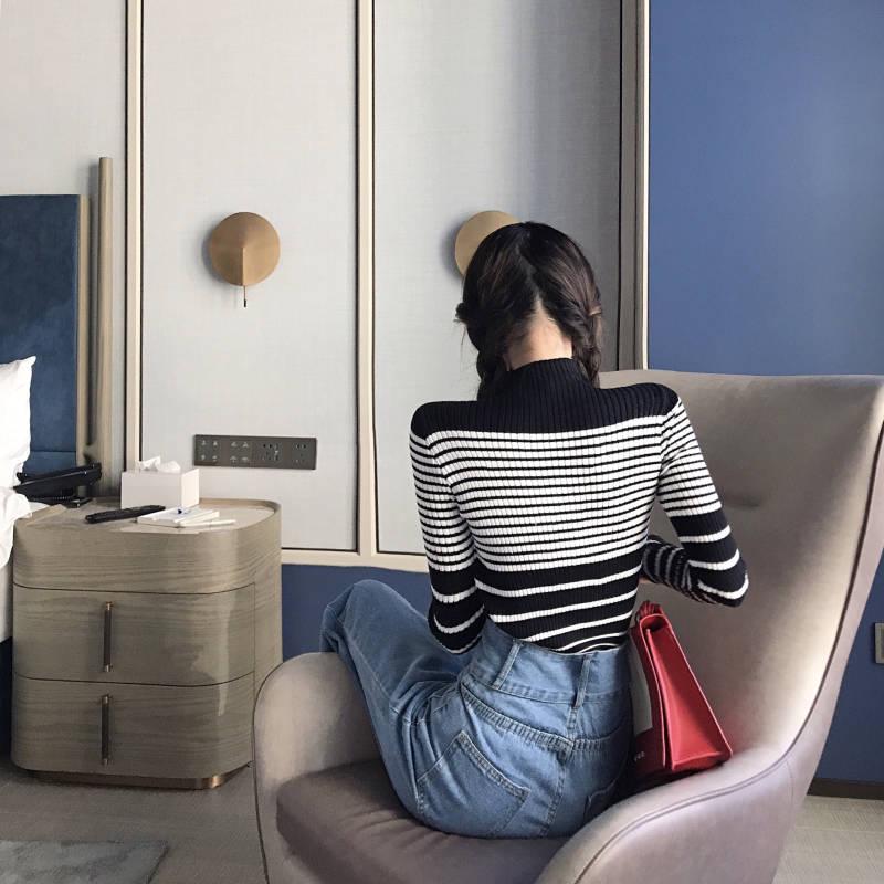 Autumn and Winter Retro Striped Sweater High Collar Pullover Head Hundred Long-sleeved Knitted Sweater Female Slim Thin Bottoming Shirt Top