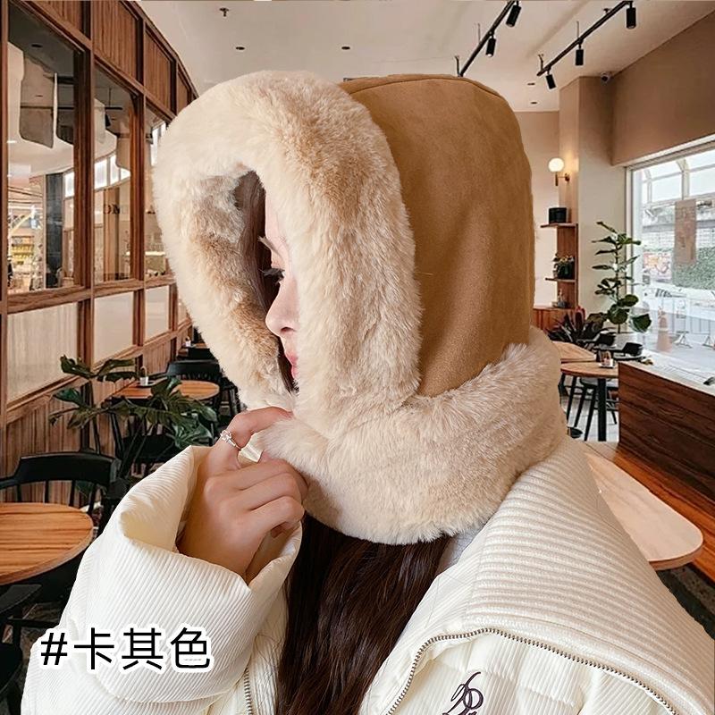 Autumn and winter integrated hat women's wool hat with scarf thickened plush wool hat big head circumference versatile loose hat