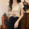 U-neck live broadcast quality summer burgundy slim and thin front shoulder short-sleeved T-shirt women