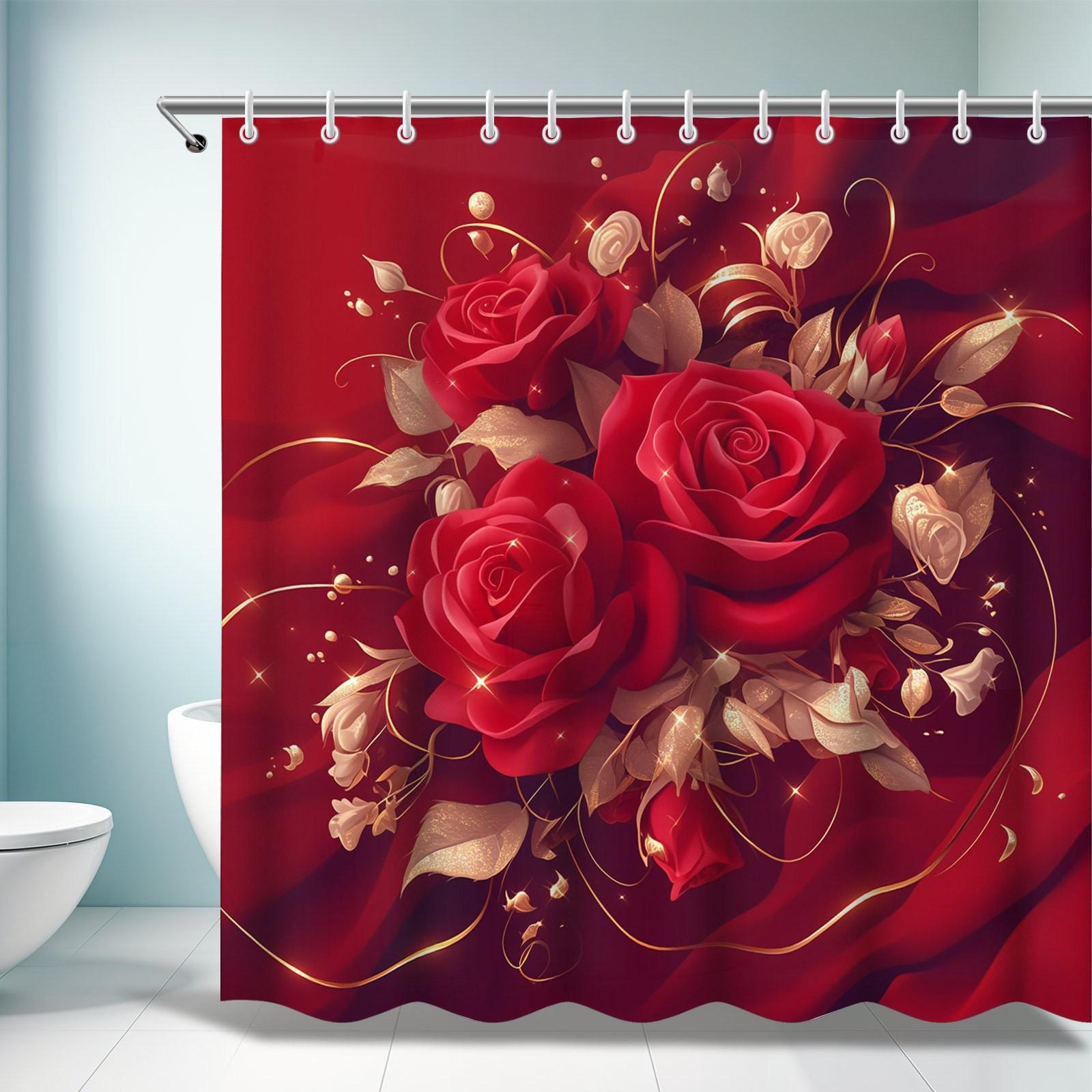 Romantic Red Rose Shower Curtain - Luxurious Floral & Gold Accents for Bathroom Decor, Adds Elegance and Festive Beauty W90XH180cm
