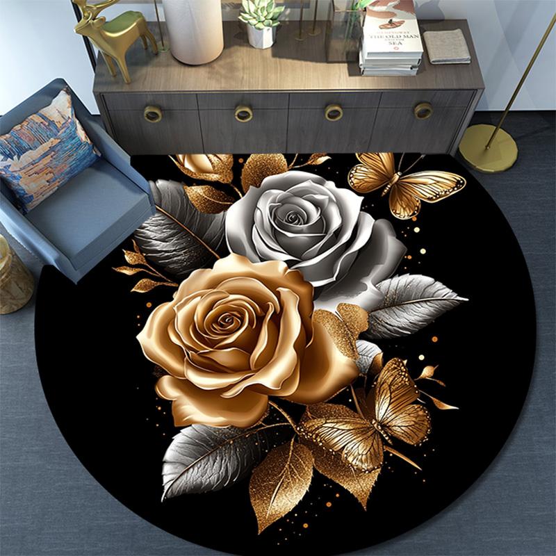 Golden Roses and Butterflies Round Area Rug,Carpet Rug for Living Room Bedroom Sofa Playroom Decor,Non-slip Floor Mat