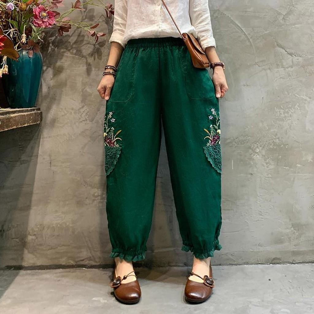 מכנסי קז'ואל לנשים נוחים עם כיס אלסטי נושמים מכנסיים כותנה פשתן הרג'וקו מכנסי מותן רפויים מכנסי אופנה קוריאנית