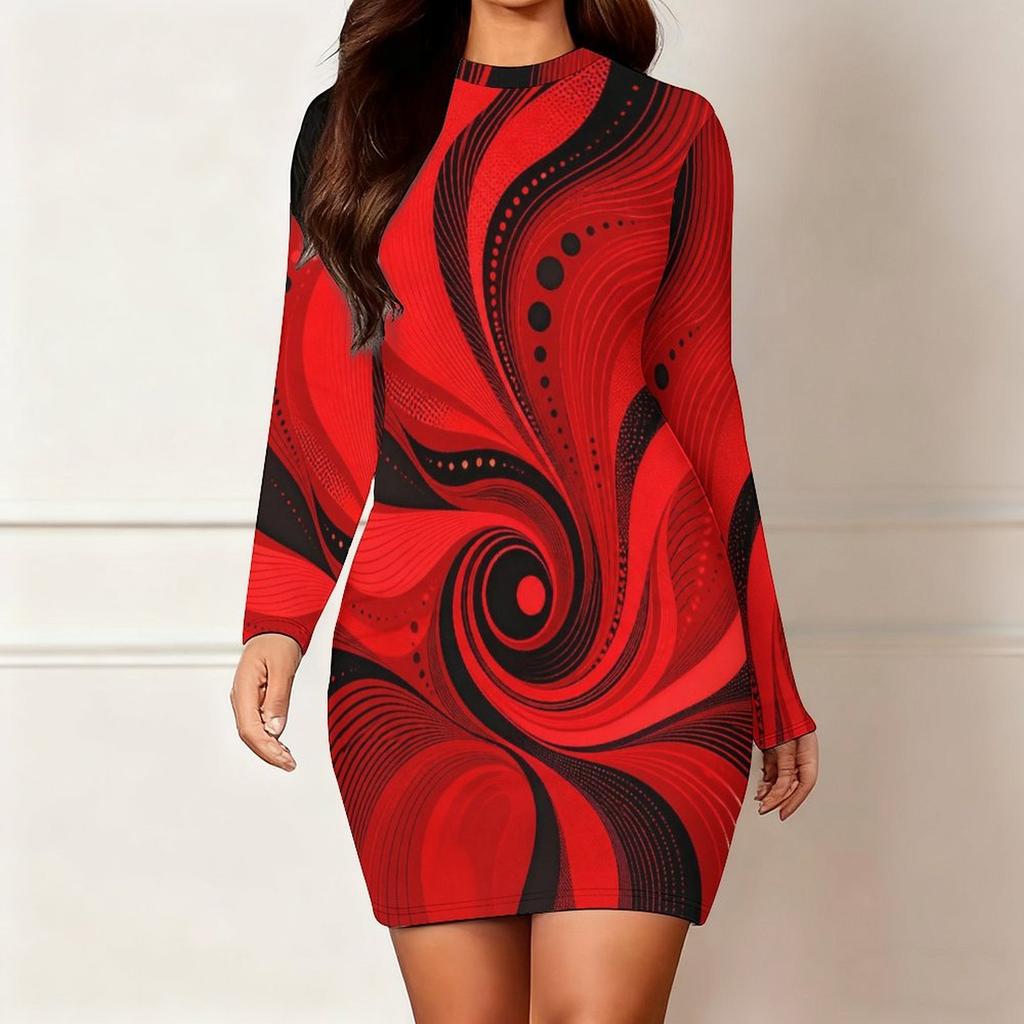 Women Plus Size Round Neck Long Sleeve Red Black Printed Bodycon Mini Dress