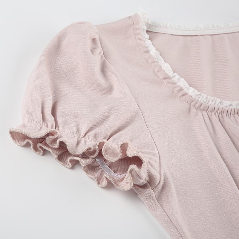 French Romantic Pleated Lace U-Neck Puff Sleeve Slim Fit Casual Top