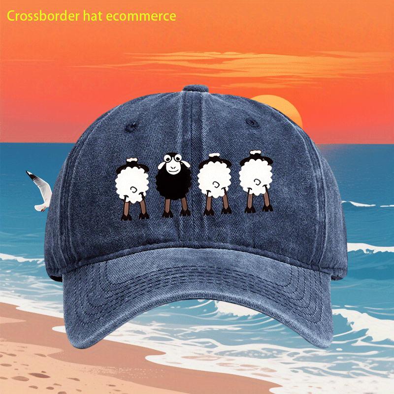 Casquette de Baseball Mouton Dessin Animé Denim Lavé Impression Vintage Extérieur Décontracté Réglable