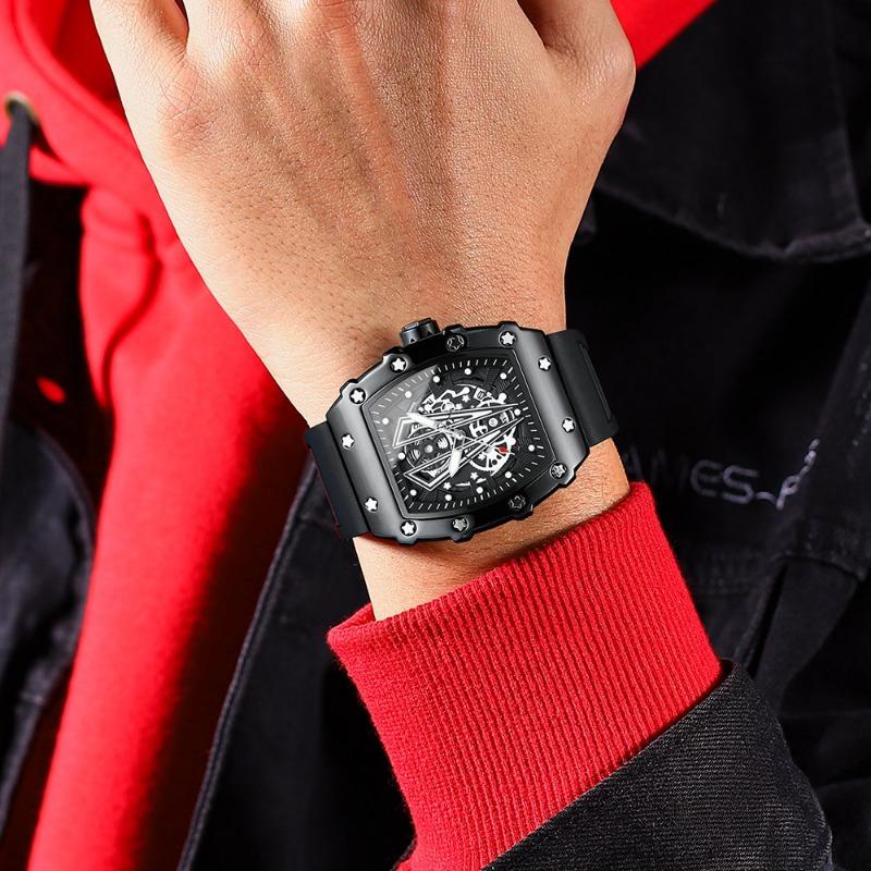 POEDAGAR Moderne Hohlzifferblatt Uhr Sport Top Marke Tonneau Wasserdicht Leuchtend Kalender Silikonarmband Herren Uhren Reloj Hombre