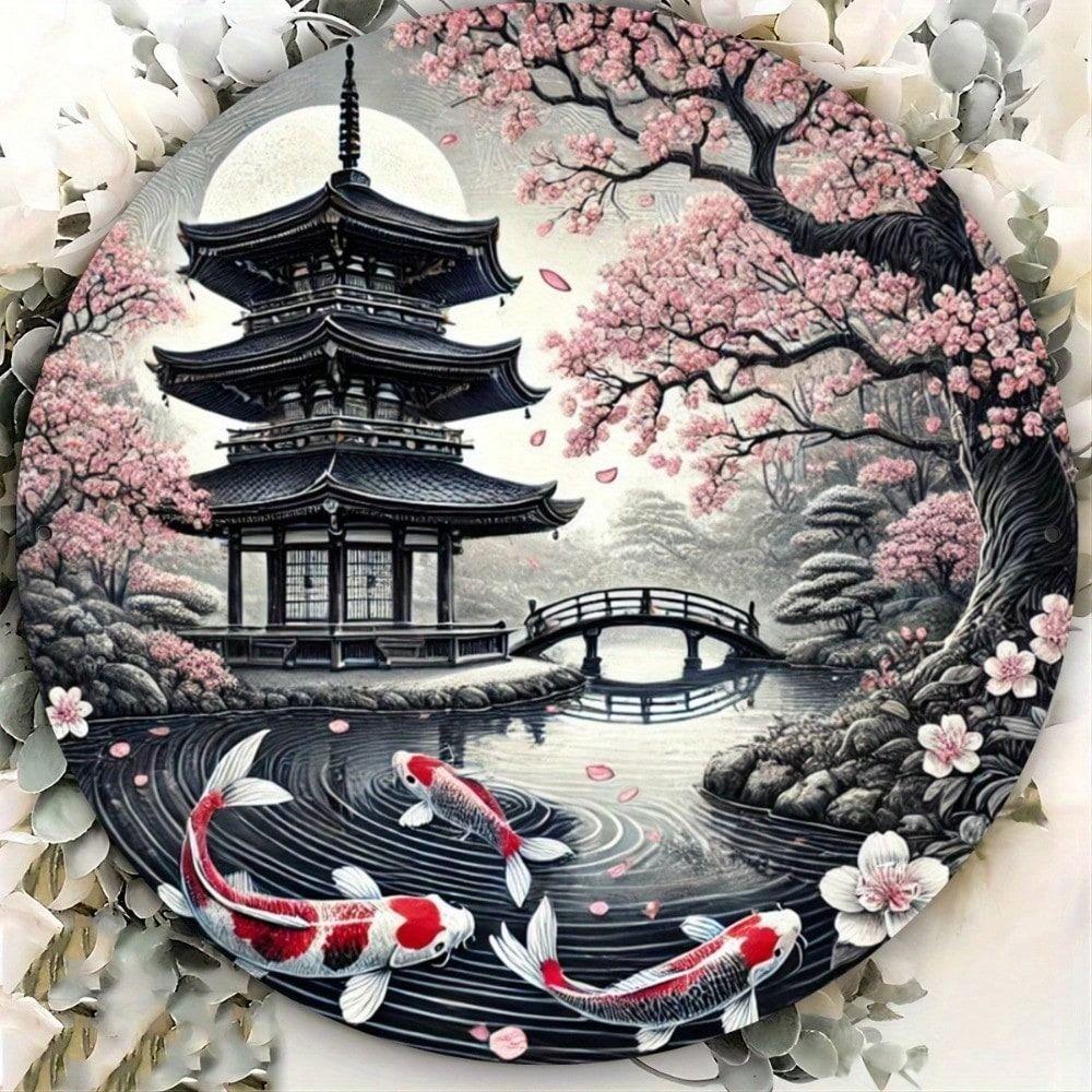 Vintage Japanese Koi Fish Temple Wall Art, Retro Metal Tin Sign 8x8 inch for Garden Home Decor