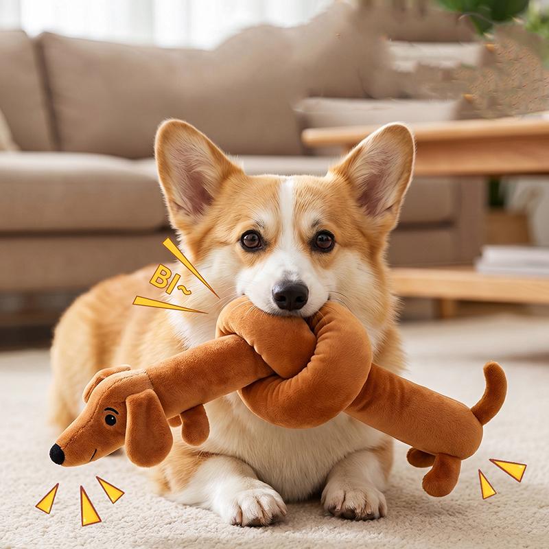 Quietschende Hundespielzeuge Dackelform Interaktiver Weicher Begleiter Hundekaupielzeug für Indoor-Spiel Training Zahnen Langeweile Linderung
