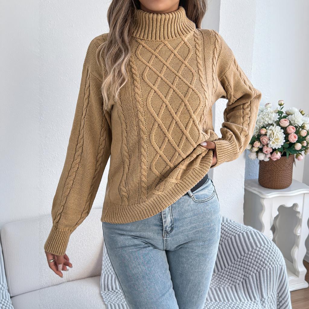Suéter de punto trenzado de cuello alto de color para mujer con mangas