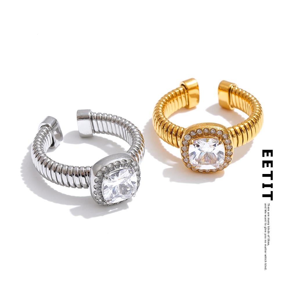 Eetit Stainless Steel Open Ring Finger Jewelry Fashion Square Cubic Zirconia Adjustable Ring for Women 18K Golden PVD Plated