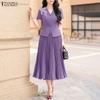 Women Short Sleeve Slim Blouse and Pleated Skirts Summer Two Piece Suit Sets